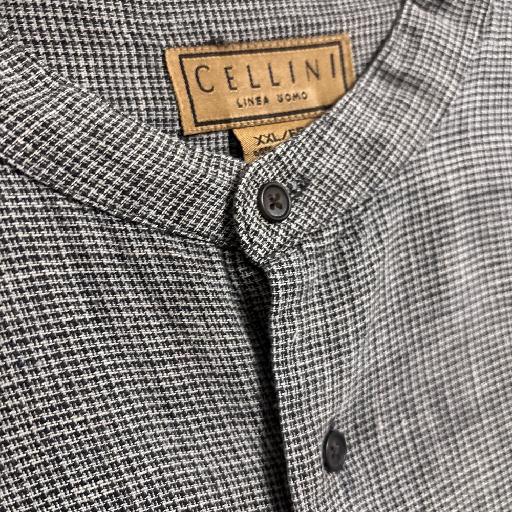 Vintage Cellini Linea Uomo Shirt XXL Tan Black Check Linen Cotton Band Button